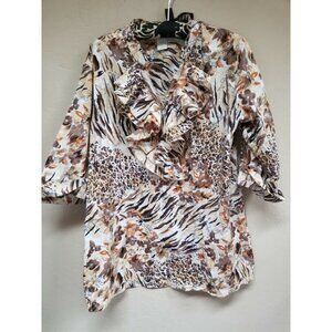 Phases Women Floral Animal Print Ruffle Top Blouse Large Cotton 3/4 Sleeve Brown